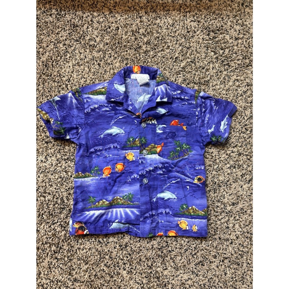 Made in Hawaii USA Boy's 2-4T vivid purple Hawaiian shirt dolphins fish  RARE